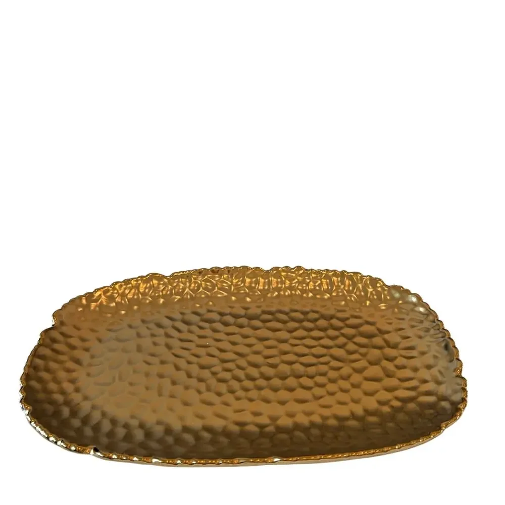 Hammered Matte Gold Serving Platter 11x7 Ceramic Scalloped Holiday Glam NEW